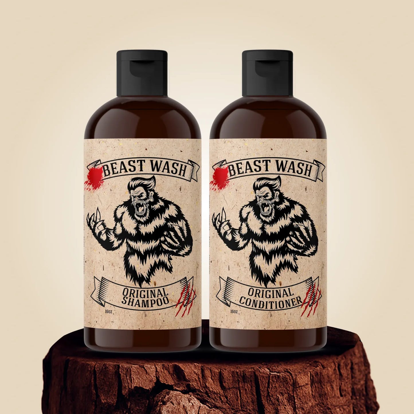 Shampoo and conditioner bottles bundle with Original labels, black caps, brown glass look
