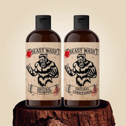 Shampoo and conditioner bottles bundle with Original labels, black caps, brown glass look