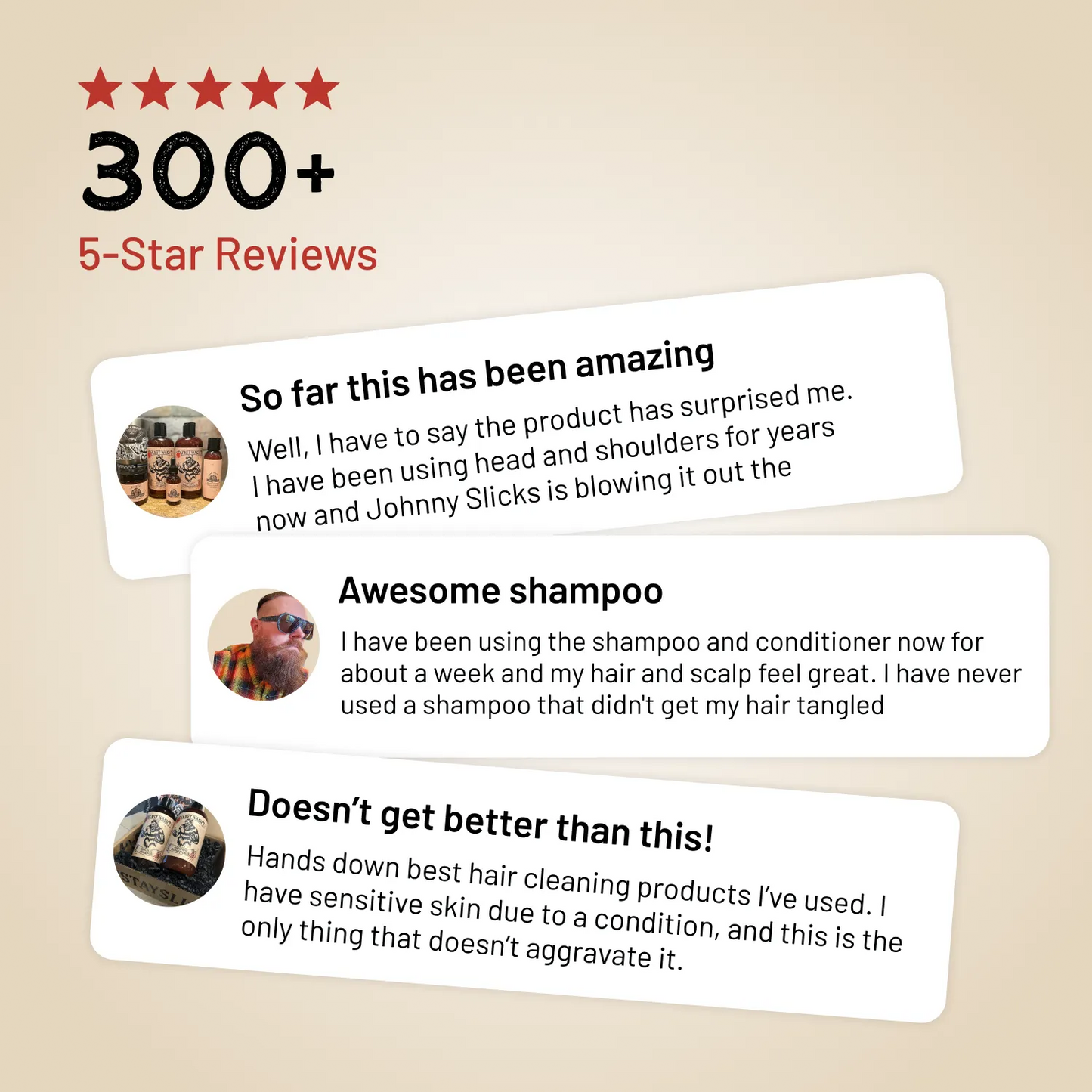 Hair cleaning kit review cards showing star rating and customer quotes