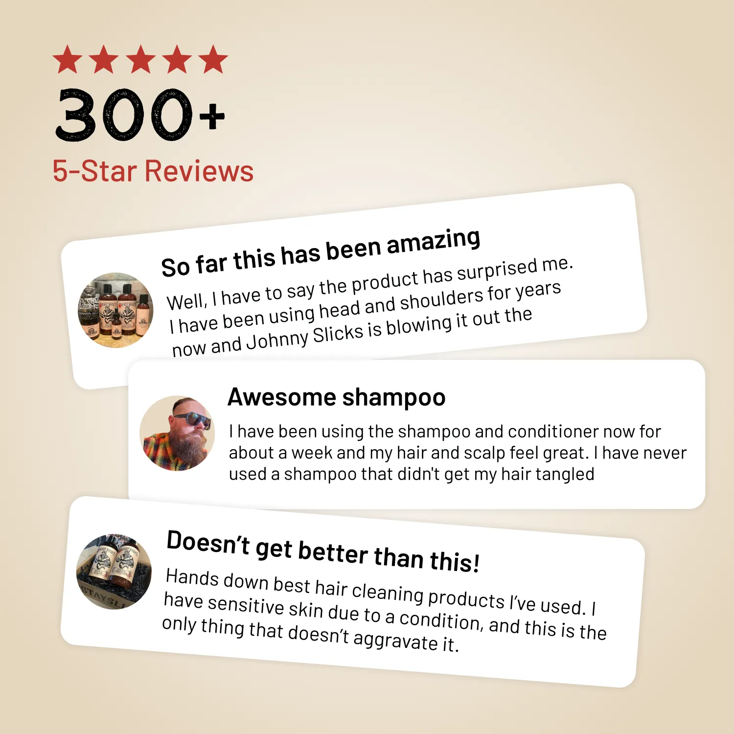 Hair cleaning kit review cards showing star rating and customer quotes