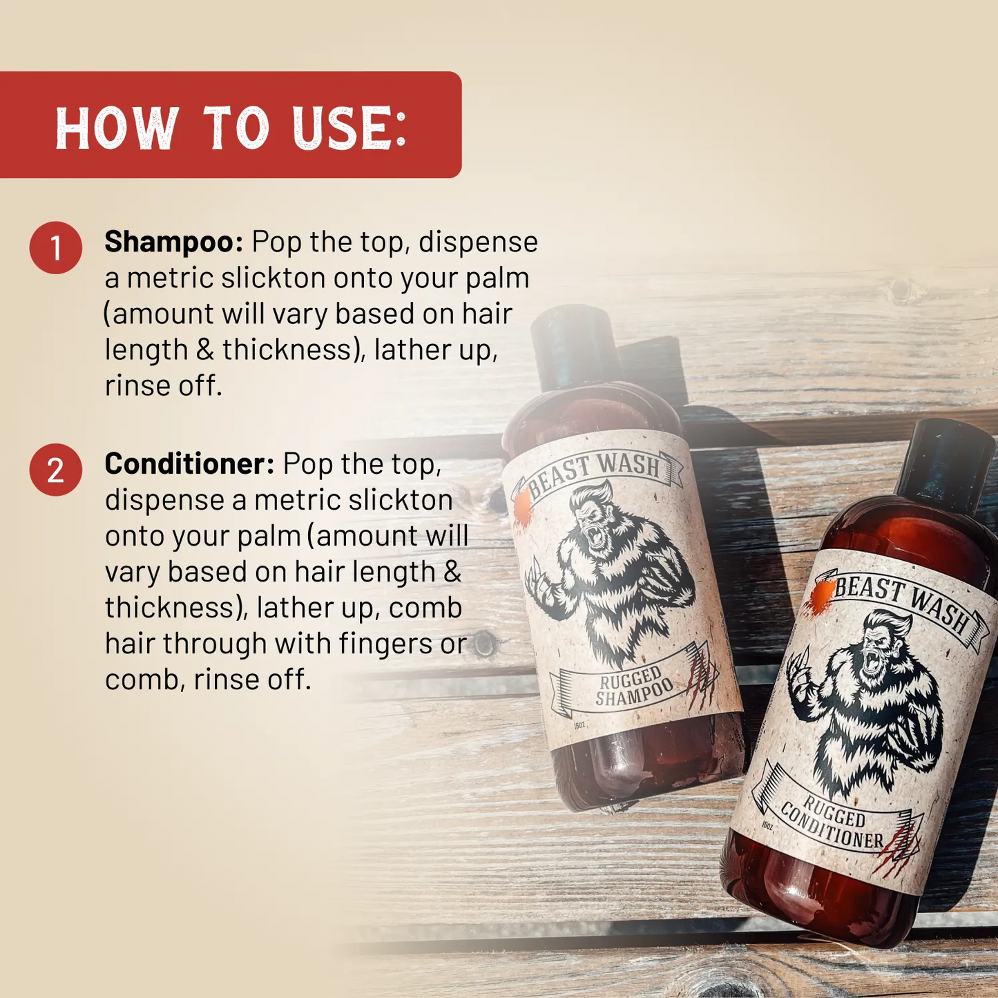 Shampoo and conditioner bottles for men labeled Rugged, on a wooden surface