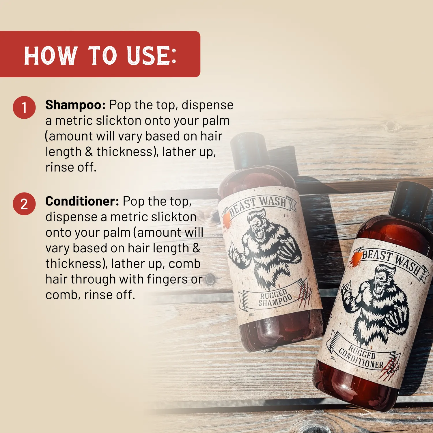Shampoo and conditioner bottles for men labeled Rugged, on a wooden surface