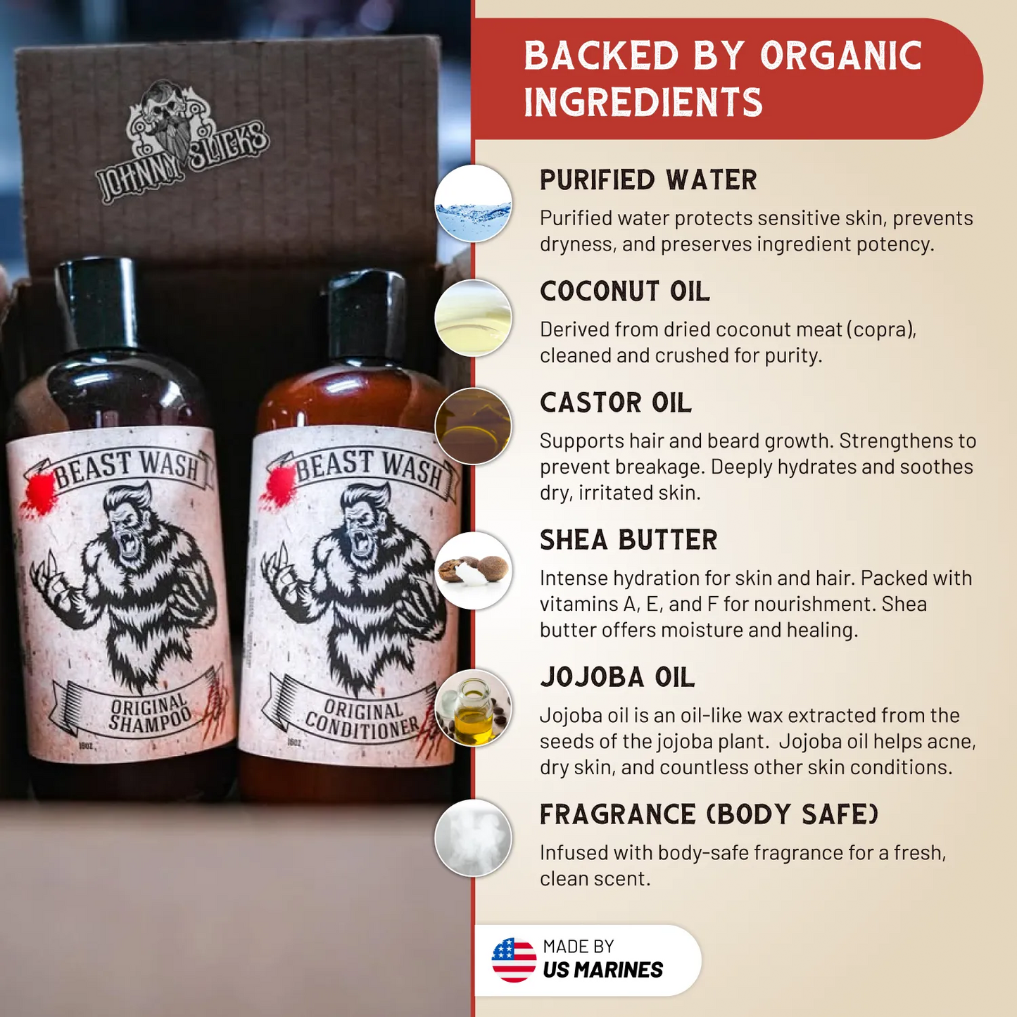 Shampoo and conditioner bottles with label artwork and ingredient callouts on the side panel