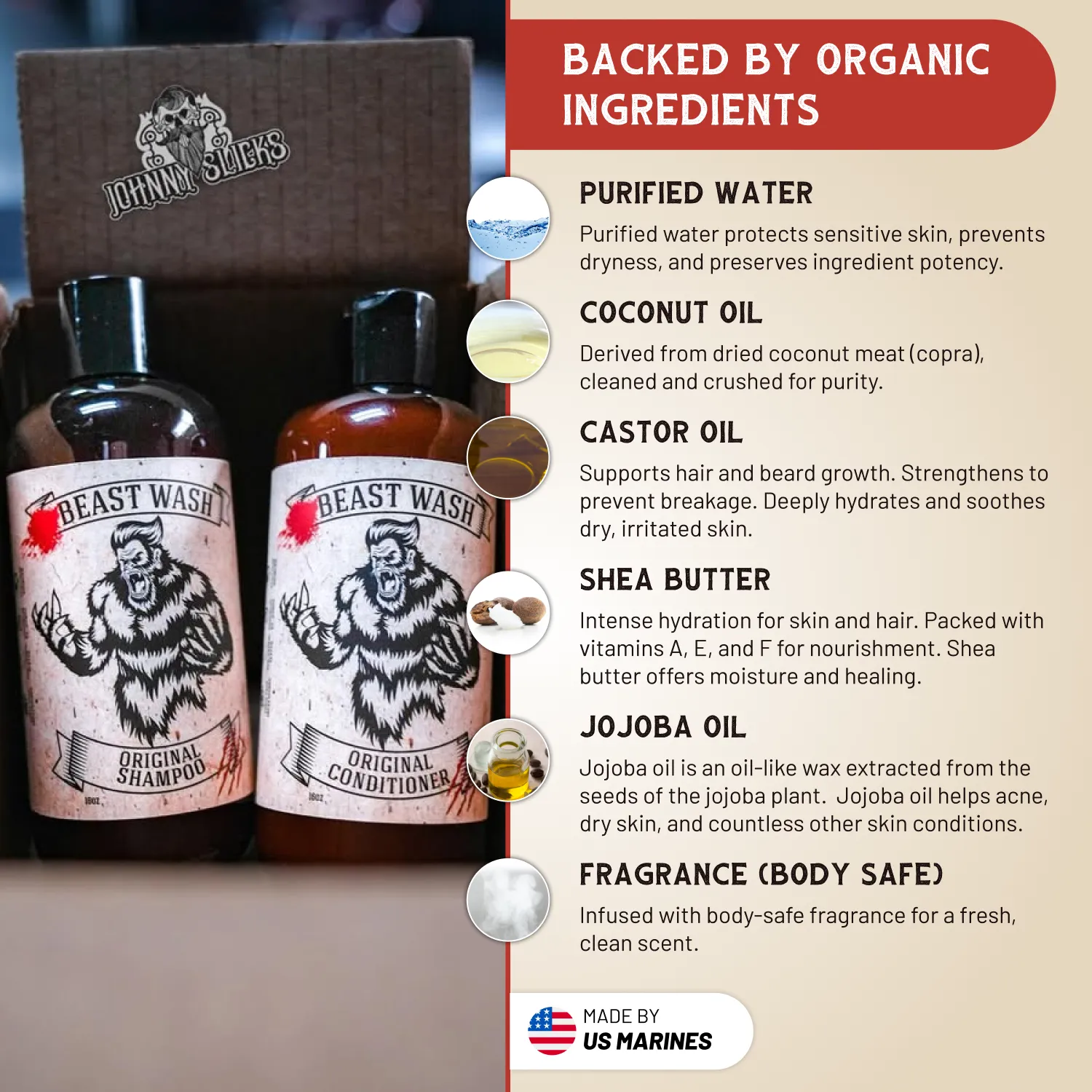 Shampoo and conditioner bottles with label artwork and ingredient callouts on the side panel