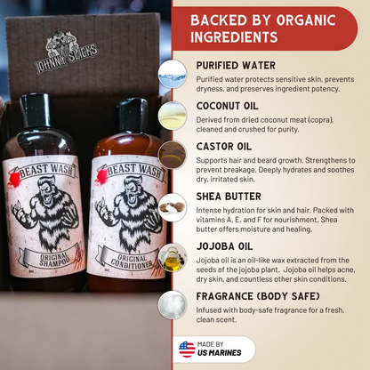Shampoo and conditioner bottles with label artwork and ingredient callouts on the side panel