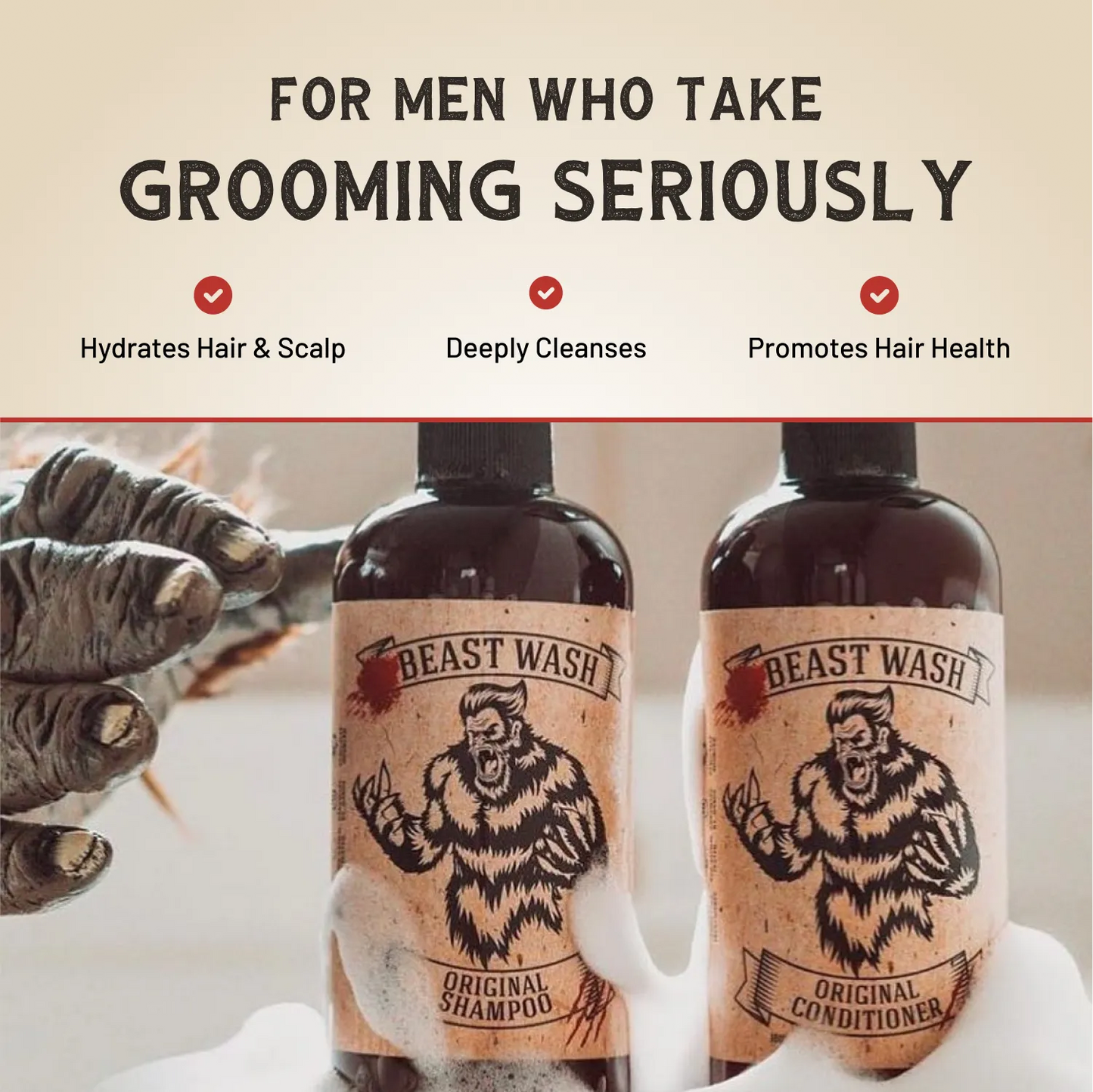 Shampoo and conditioner bottles with label art, with grooming benefits text above