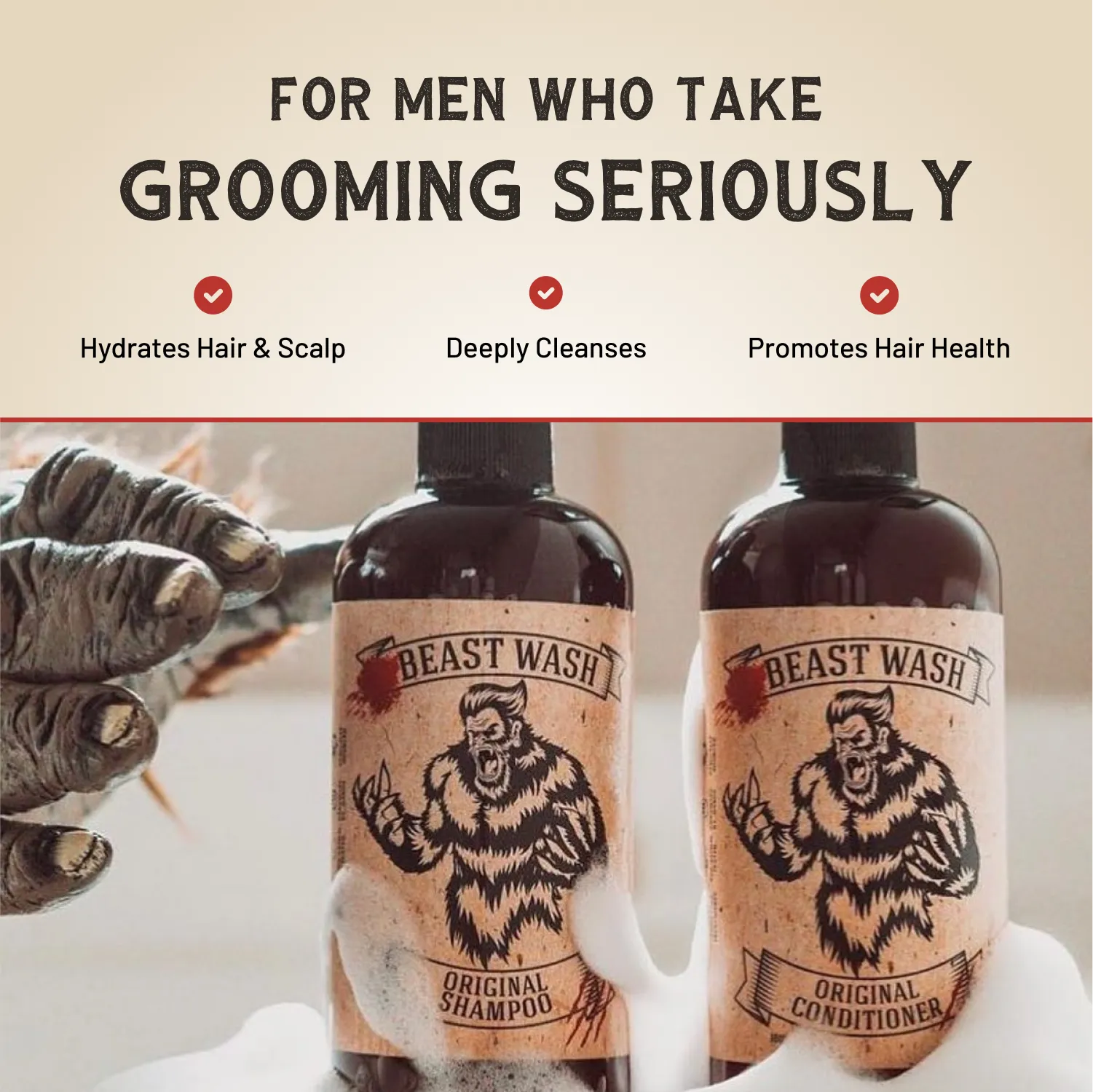 Shampoo and conditioner bottles with label art, with grooming benefits text above