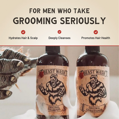 Shampoo and conditioner bottles with label art, with grooming benefits text above
