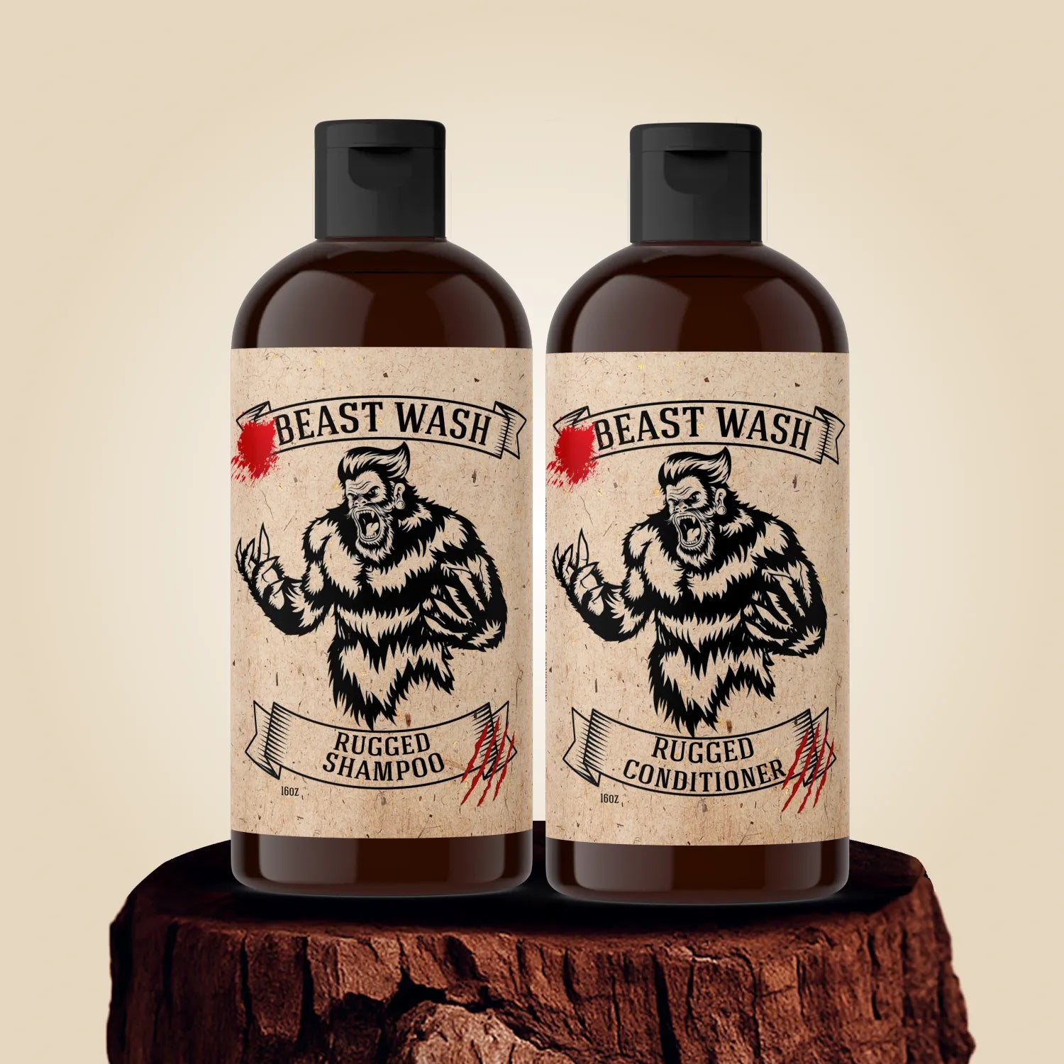 Shampoo and conditioner bottles with Rugged labels, black caps, brown amber bottle look