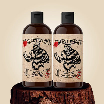 Shampoo and conditioner bottles with Rugged labels, black caps, brown amber bottle look