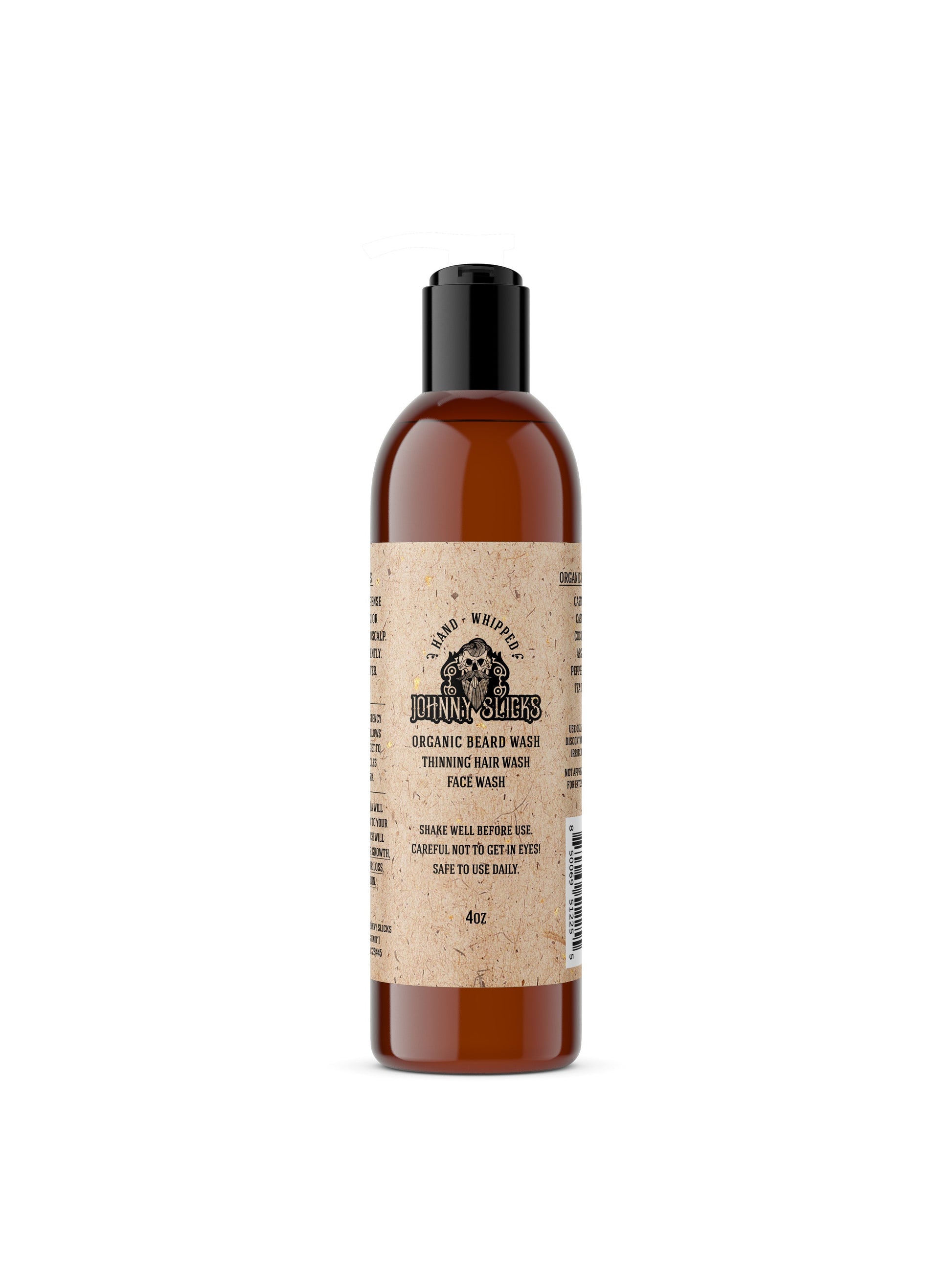 Johnny Slicks organic beard wash bottle, amber liquid, black pump cap, 4oz.