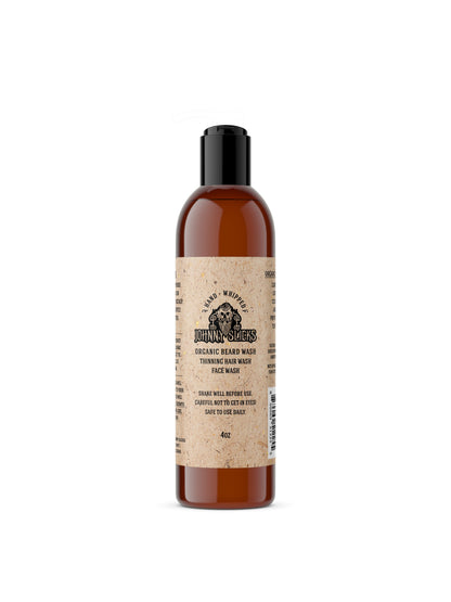 Johnny Slicks organic beard wash bottle, amber liquid, black pump cap, 4oz.