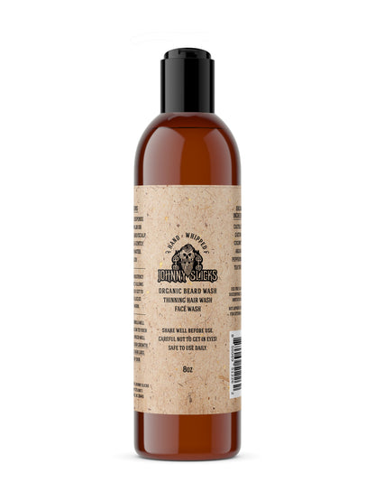 Johnny Slicks organic beard wash bottle, amber liquid, black pump cap.