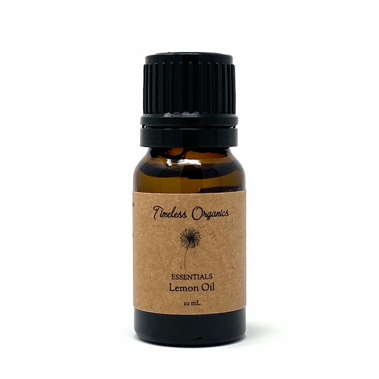 Lemon essential oil bottle with black cap and amber glass