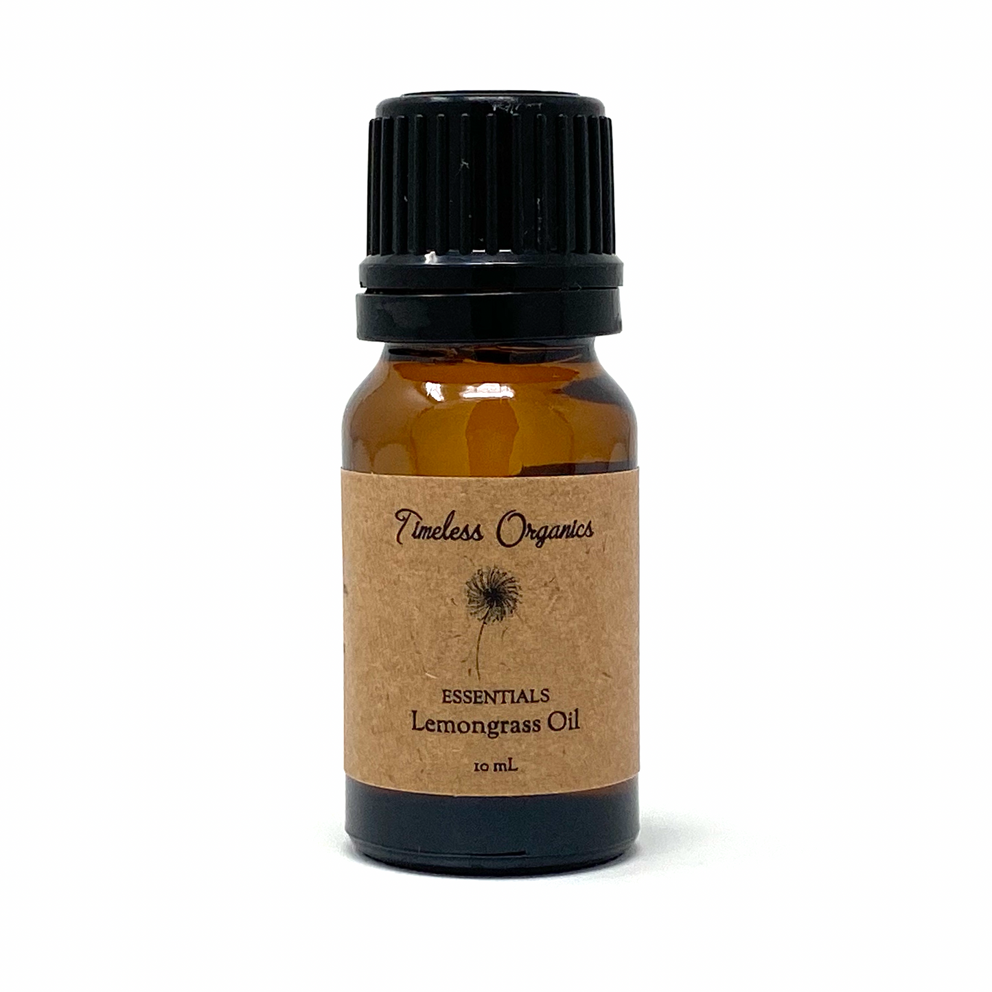 Organic lemongrass essential oil bottle with black cap and brown label