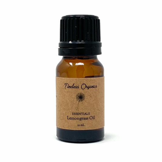 Organic lemongrass essential oil bottle with black cap and brown label