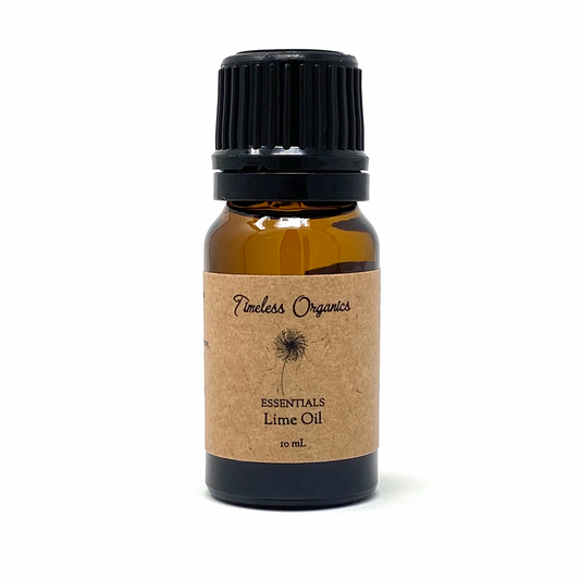 Amber essential oil bottle with black ribbed cap and Lime Oil label