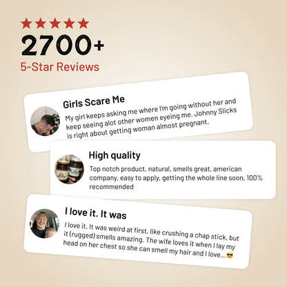 Customer review panel for organic oil-based pomade with 2700+ five-star ratings