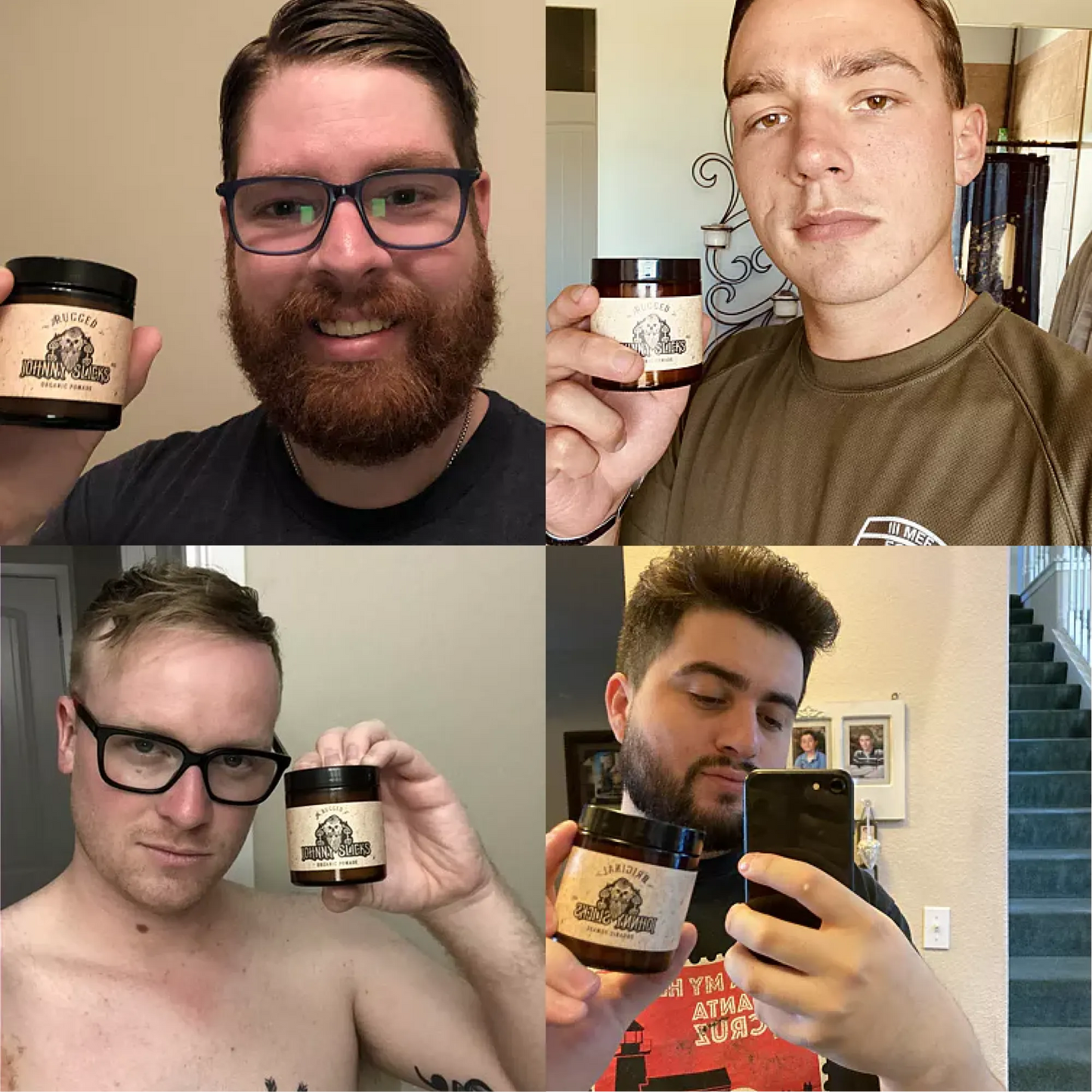 Organic oil-based pomade jars shown in use by men holding the black-lidded jars