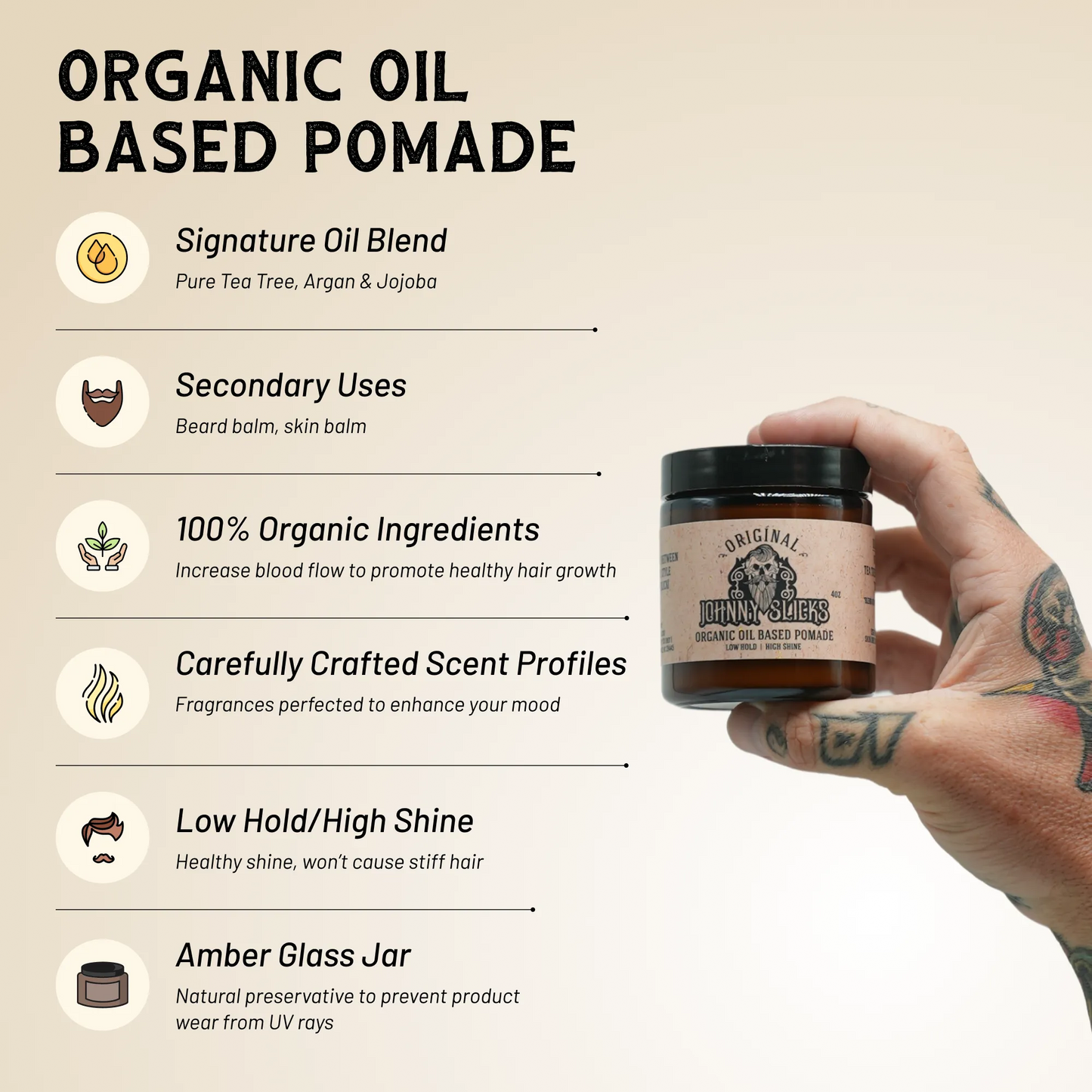 Organic oil-based pomade jar held in a hand with black lid and tan label