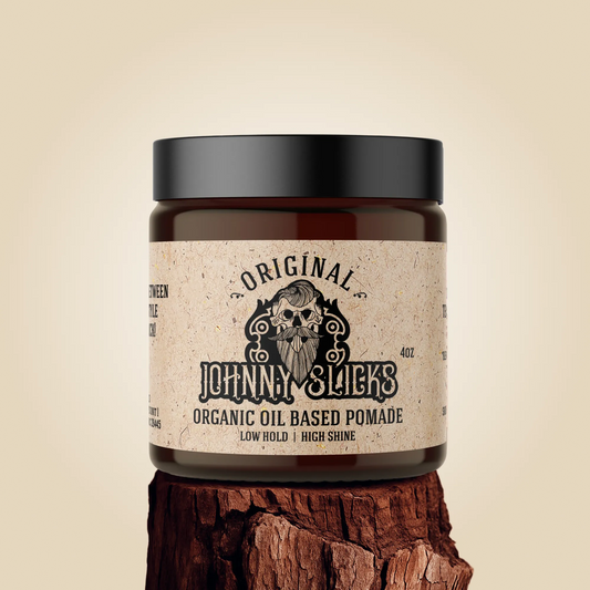 Organic oil-based pomade jar with black lid and tan label, low hold, high shine