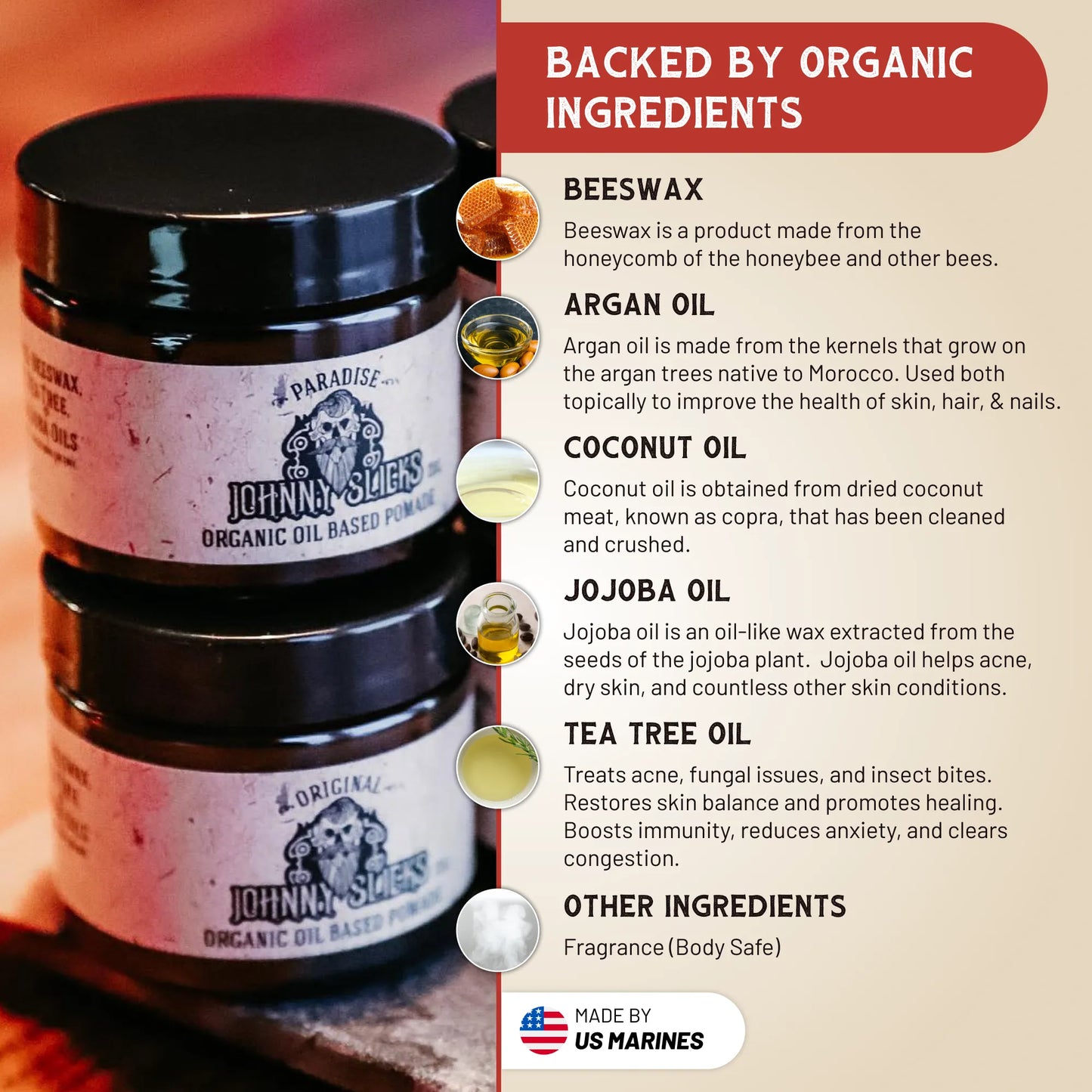 Organic oil-based pomade jars with black lids and ingredient callouts for beeswax and oils