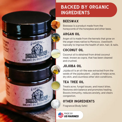 Organic oil-based pomade jars with black lids and ingredient callouts for beeswax and oils