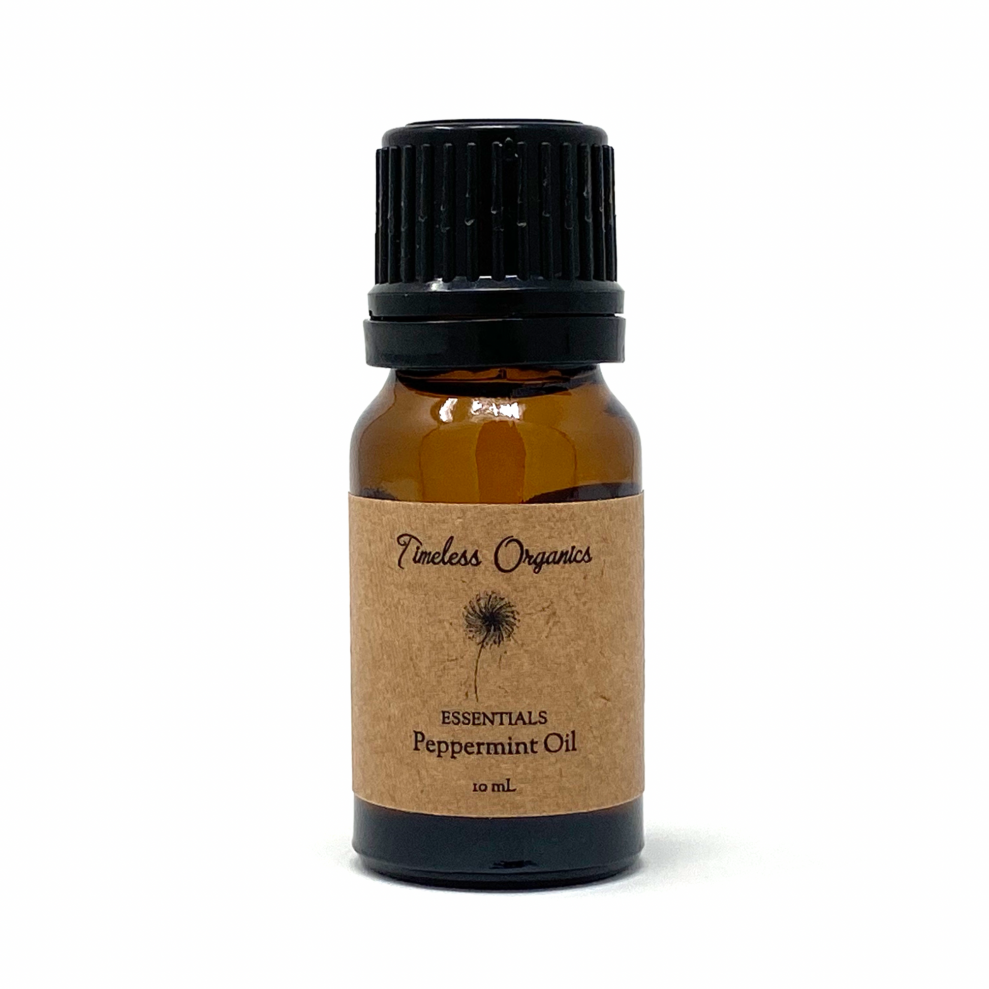 Amber glass peppermint essential oil bottle with black ribbed cap