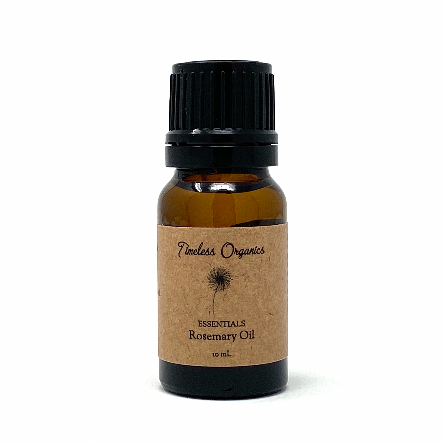 Rosemary essential oil bottle with amber glass and black screw cap, tan label