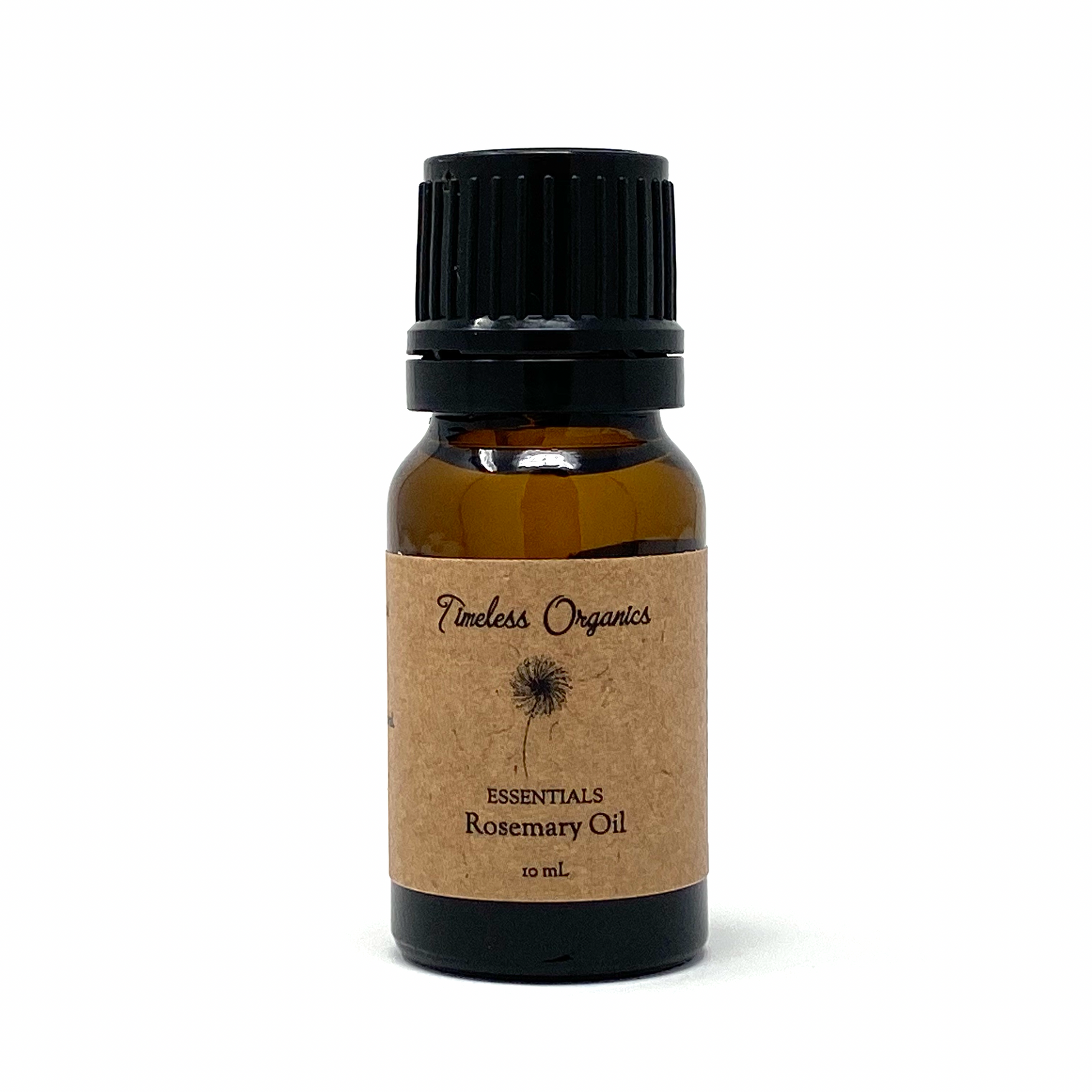 Rosemary essential oil bottle with amber glass and black screw cap, tan label