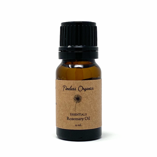 Rosemary essential oil bottle with amber glass and black screw cap, tan label
