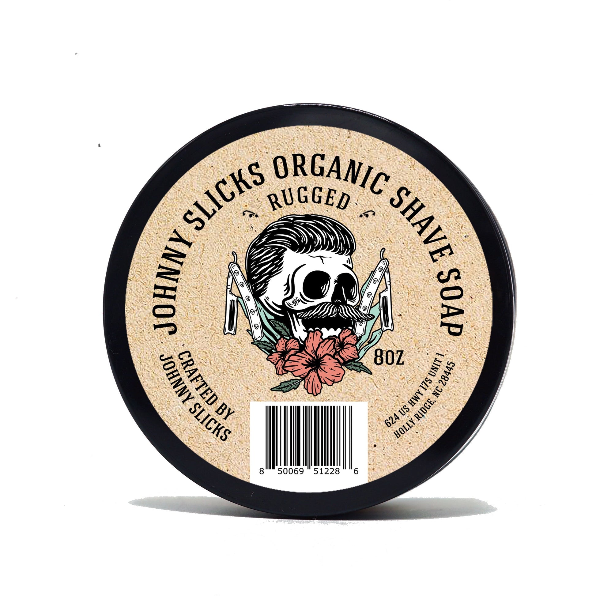 Organic shave soap, black tin with beige label reading Rugged and 8 oz