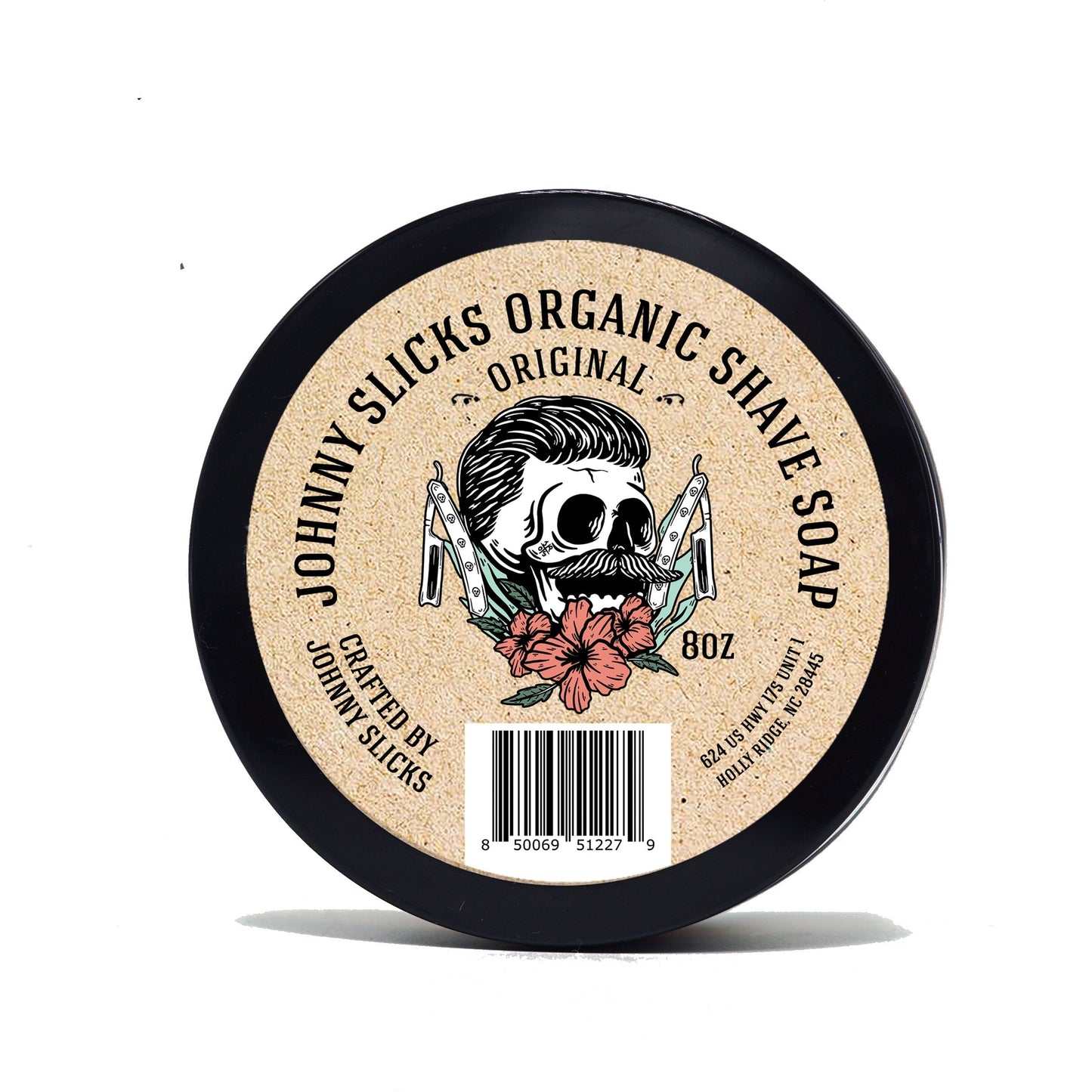 Organic shave soap, black tin with beige label reading Original and 8 oz