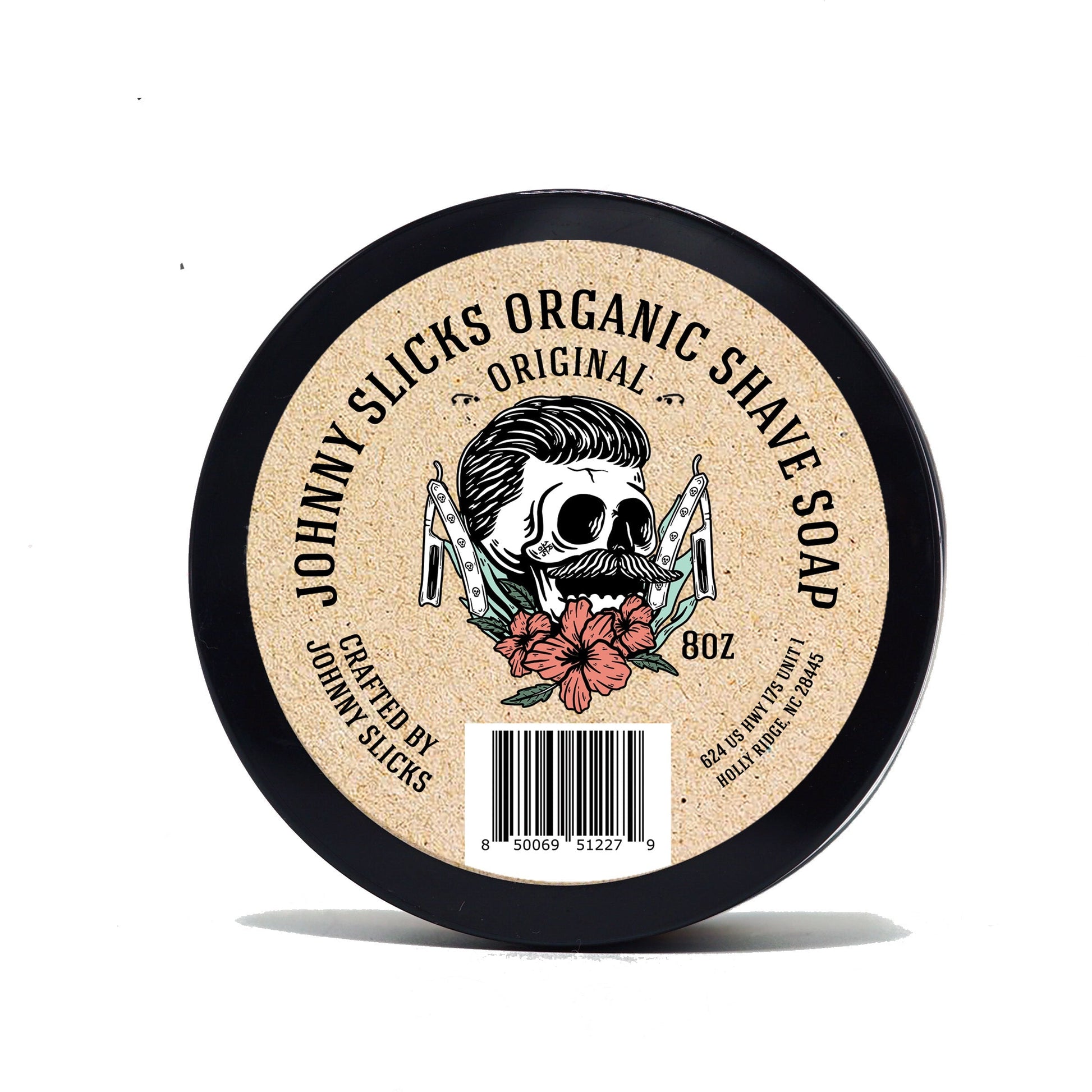 Organic shave soap, black tin with beige label reading Original and 8 oz