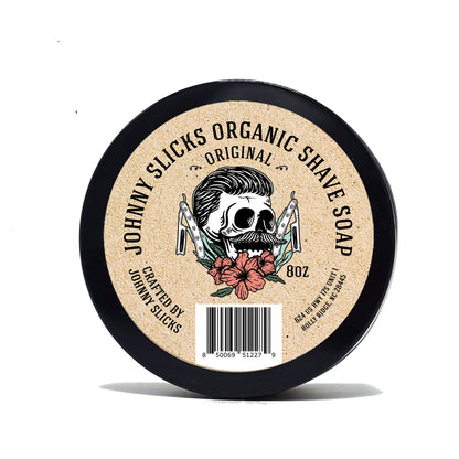 Organic shave soap, black tin with beige label reading Original and 8 oz