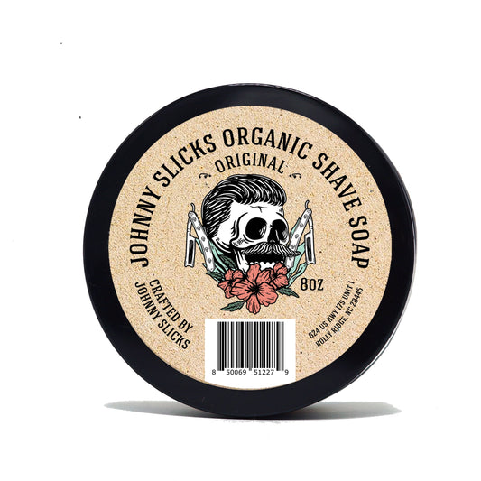 Organic shave soap, black tin with beige label reading Original and 8 oz