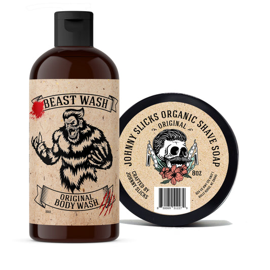 Johnny Slicks organic shower set: Original body wash bottle and round shave soap, brown bottle with black cap
