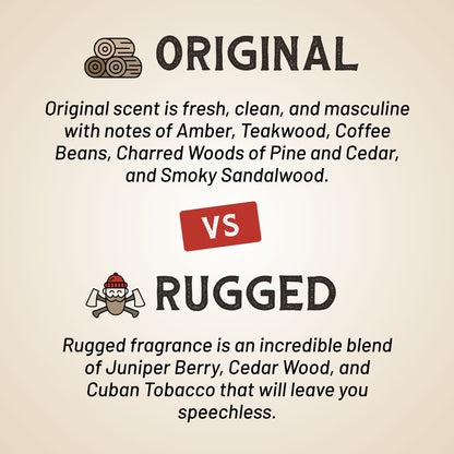 Pomade scent comparison graphic showing “Original” vs “Rugged” fragrance notes.