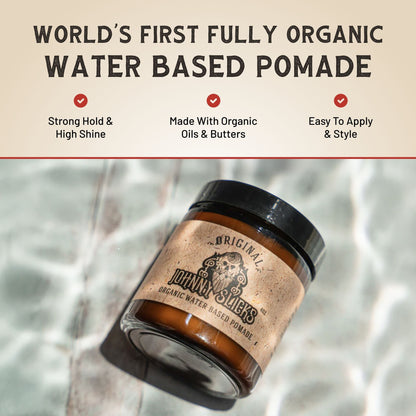 Organic water based pomade jar floating over a “World’s first fully organic” checklist.