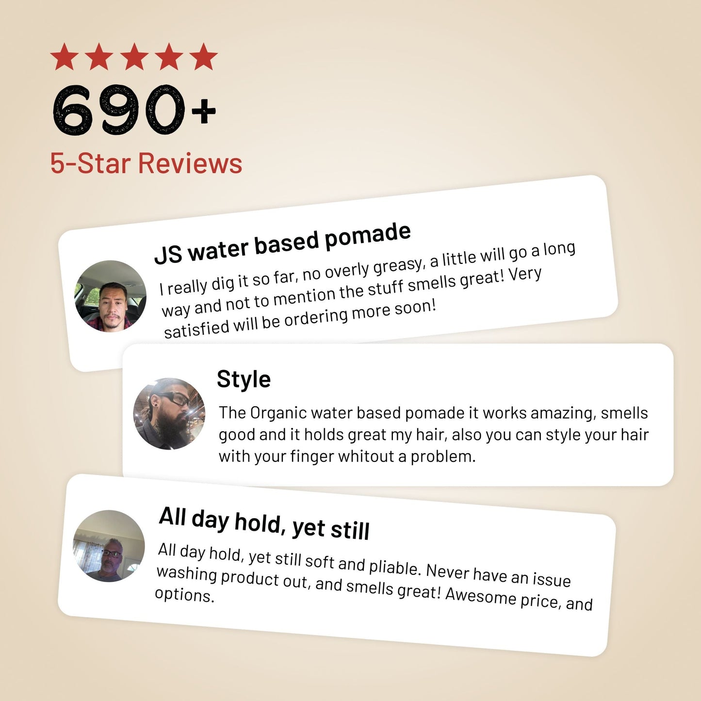 Pomade review cards showing 5-star reviews with rating badge and reviewer notes.