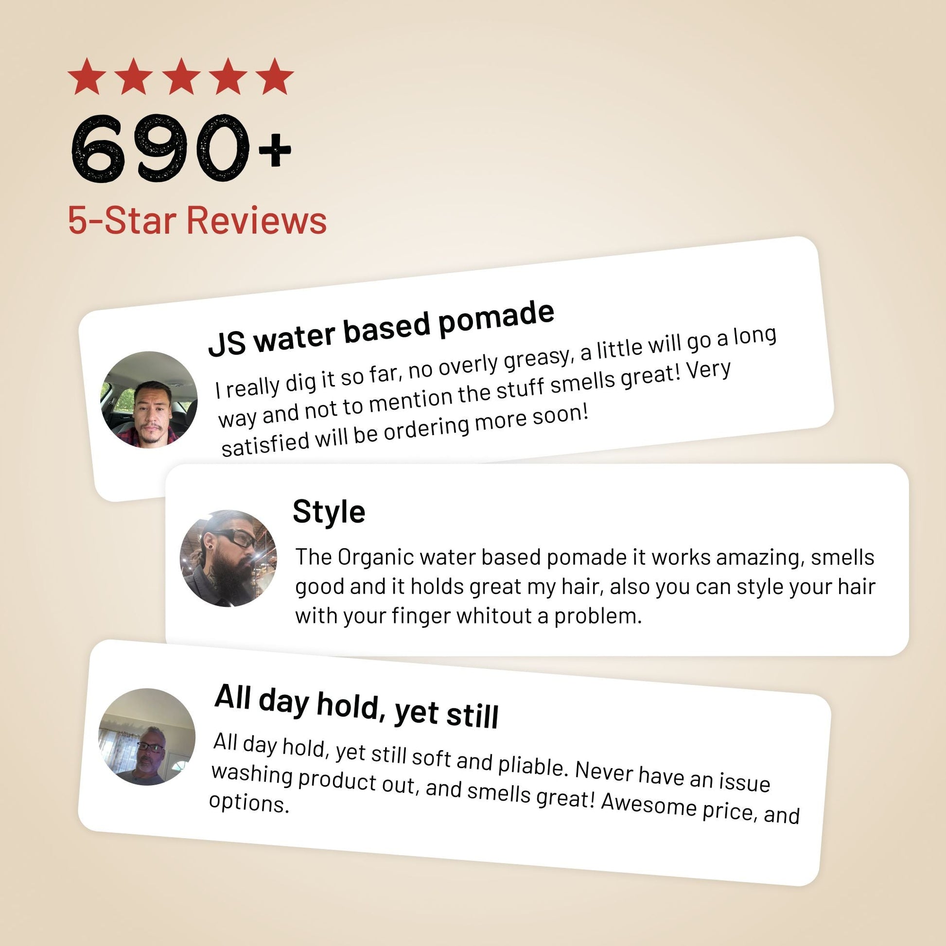 Pomade review cards showing 5-star reviews with rating badge and reviewer notes.