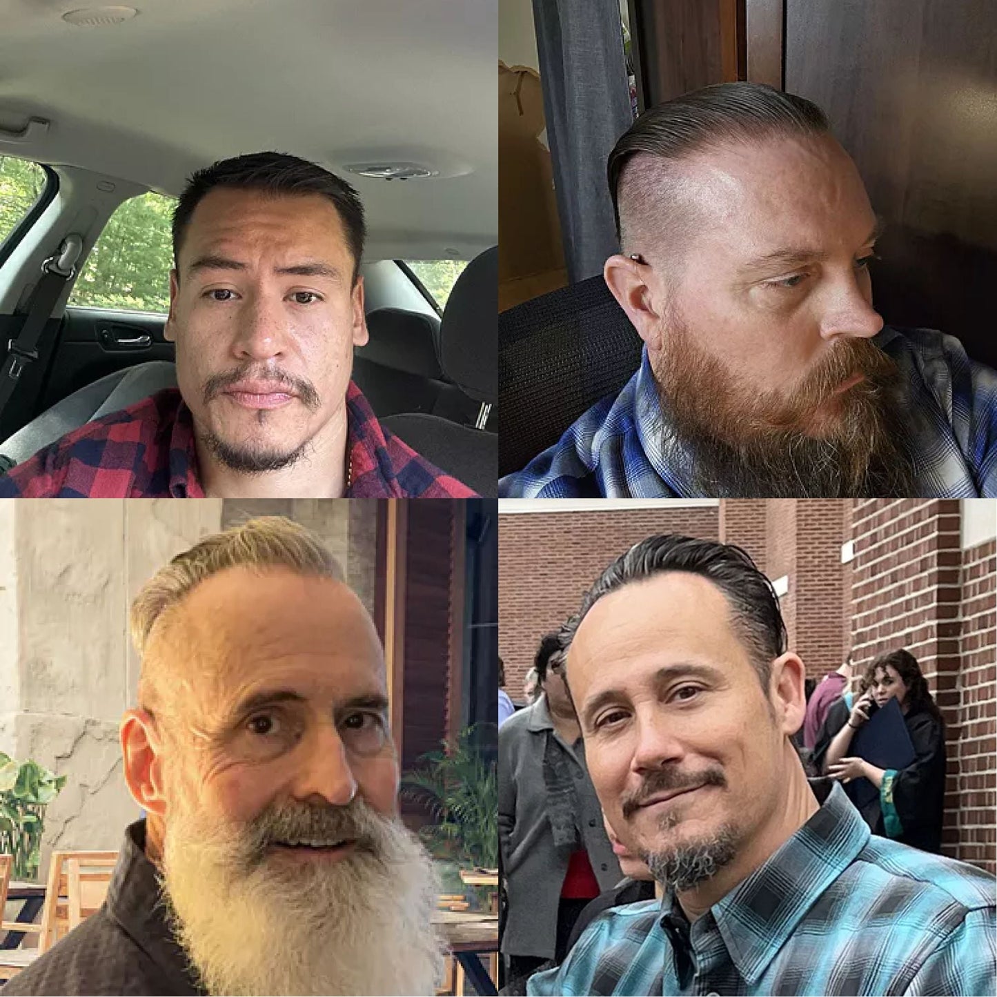 Man with styled hair showing face closeups in a collage, promoting pomade results.