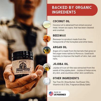 Organic water based pomade jar held in a person’s hand next to ingredient callouts.