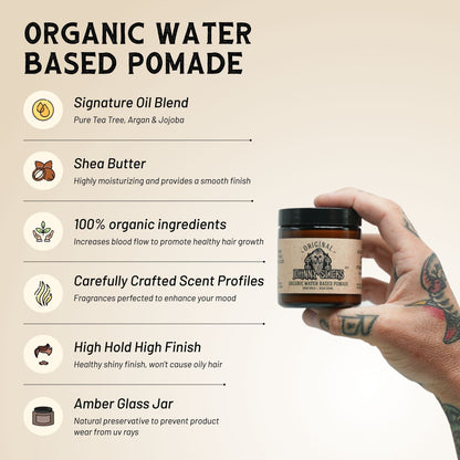 Organic water based pomade jar held by hand next to feature list graphic.