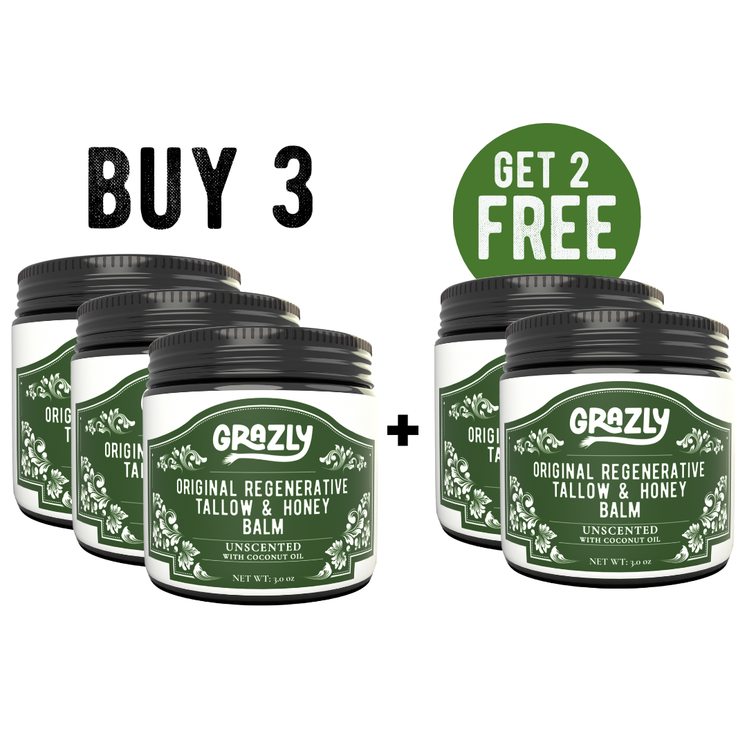 Set of four tallow and honey balm jars, with get 2 free promo badge