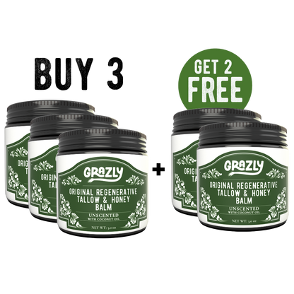 Set of four tallow and honey balm jars, with get 2 free promo badge