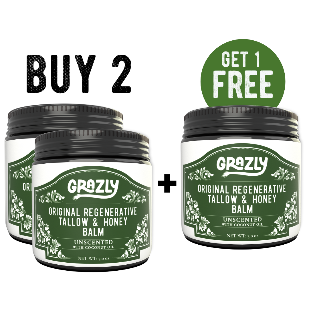 Pair of tallow and honey balm jars, one with coconut oil, one without