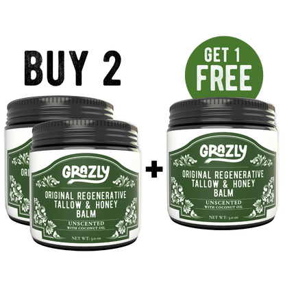 Pair of tallow and honey balm jars, one with coconut oil, one without
