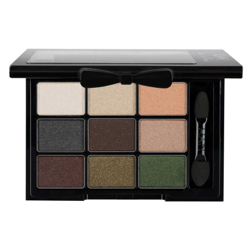 NYX eyeshadow palette with 9 warm romantic shades, includes two sponge applicators