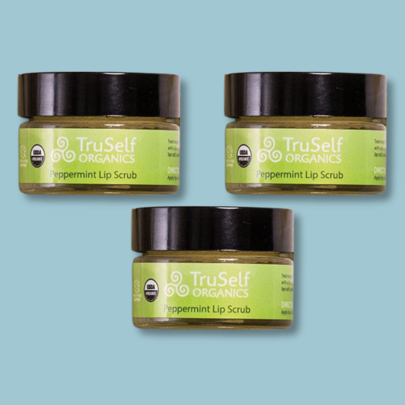 Set of three TruSelf ORGANICS peppermint lip scrub jars with black lids and green labels.